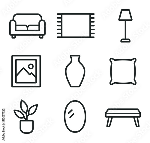 Interior Staging Icons. Outline icon set of interior staging: sofa set, area rug, coffee table, floor lamp, wall art frame,
