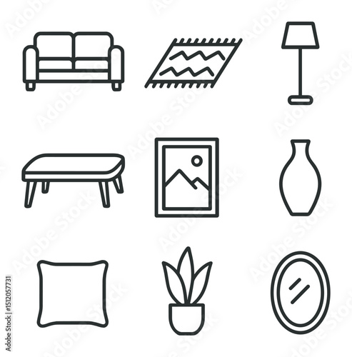 Interior Staging Icons. Outline icon set of interior staging: sofa set, area rug, coffee table, floor lamp, wall art frame,