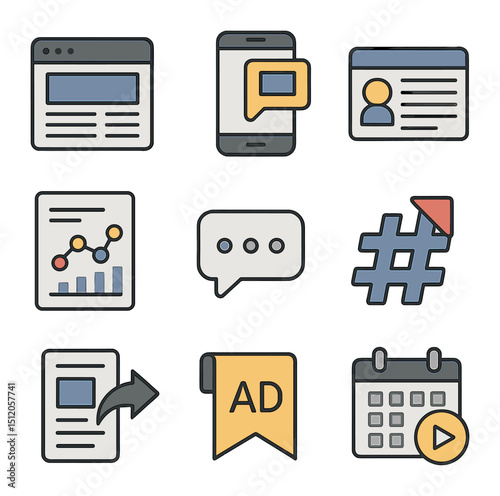 Digital Journalism Icons. Flat icon set of digital journalism platforms: news website layout, mobile news
