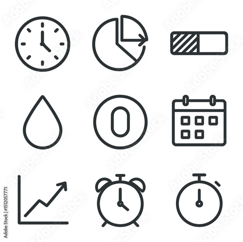 Intermittent Fasting Icons. Outline icon set of intermittent fasting cycles: clock face, fasting window chart, eating window bar,