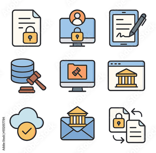 Digital Law Icon Set. Flat icon set of digital law and regulation tools: encrypted file, secure login, digital