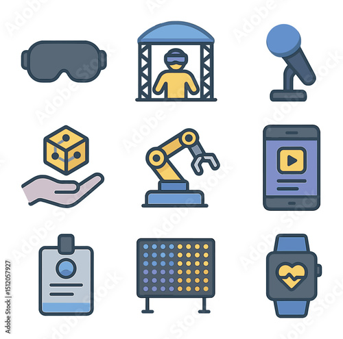 Digital Tech Festival Icons. Flat icon set of digital and tech festivals: VR headset, AR stage icon, tech talk