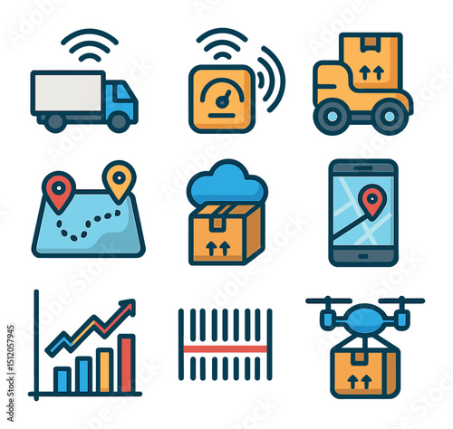 Digital Supply Chain Icons. Flat icon set of digital supply chain: smart logistics, inventory sensor,