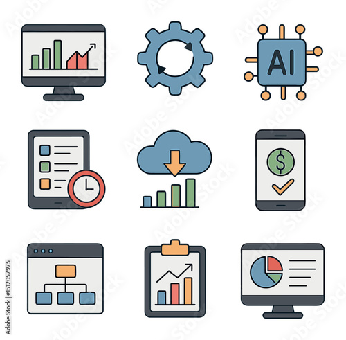 Digital Tools Icon Set. Flat icon set of digital tools for economic efficiency: analytics dashboard, process