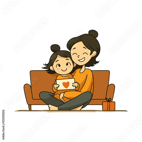 A heartwarming cartoon illustration of a mother and daughter celebrating love and happiness