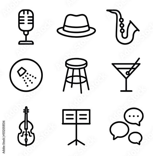 Jazz Icon Collection. Outline icon set of jazz vocal sets: retro mic, jazz hat, saxophone icon, spotlight circle, low stool,