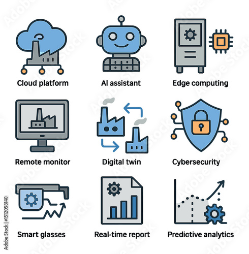 Digital Transformation Icons. Flat icon set of digital transformation in industry: cloud platform, AI