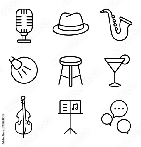 Jazz Icon Collection. Outline icon set of jazz vocal sets: retro mic, jazz hat, saxophone icon, spotlight circle, low stool,