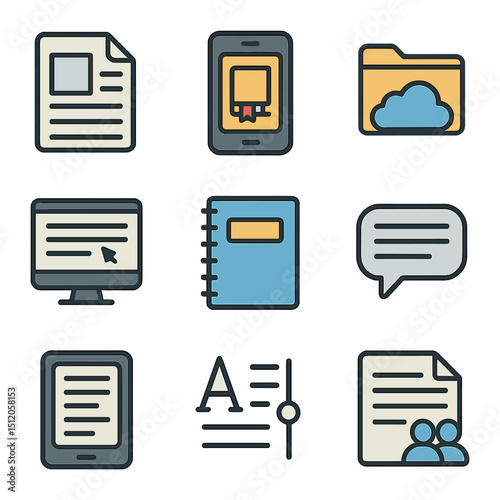 Digital Writing Icons Grid. Flat icon set of digital writing platforms: blog post icon, self-publishing app,