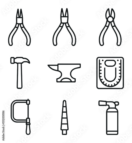 Jewelry Tools Icons. Outline icon set of jewelry making tools: round-nose pliers, flat-nose pliers, wire cutter, hammer, anvil
