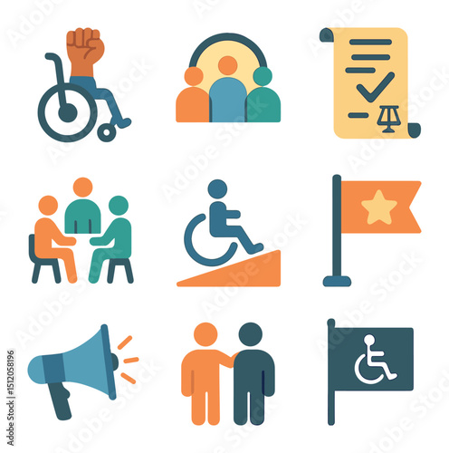 Disability Advocacy Icons. Flat icon set of disability advocacy and empowerment: raised fist in wheelchair,