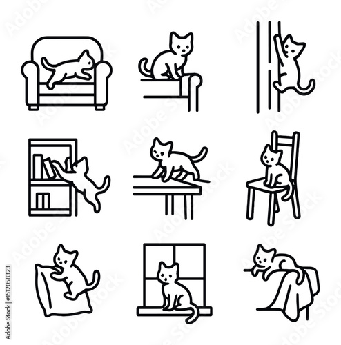 Kitten Climbing Icons. Outline icon set of kitten climbing furniture: sofa climb, armrest perch, curtain scramble, bookshelf hop,