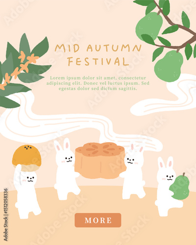 Hand drawn Mid autumn festival template background with moon cake, pomelo and rabbit.