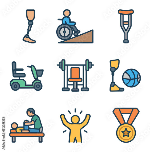 Disability Support Icons. Flat icon set of overcoming physical disabilities: prosthetic leg, wheelchair ramp,