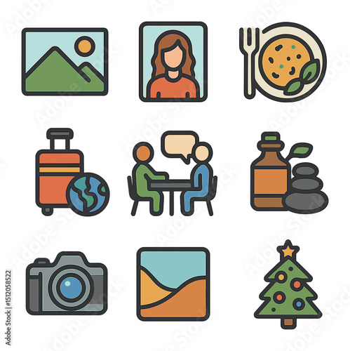 Diverse Stock Icon Set. Flat icon set of stock photo categories: nature landscape, people portrait, food photo