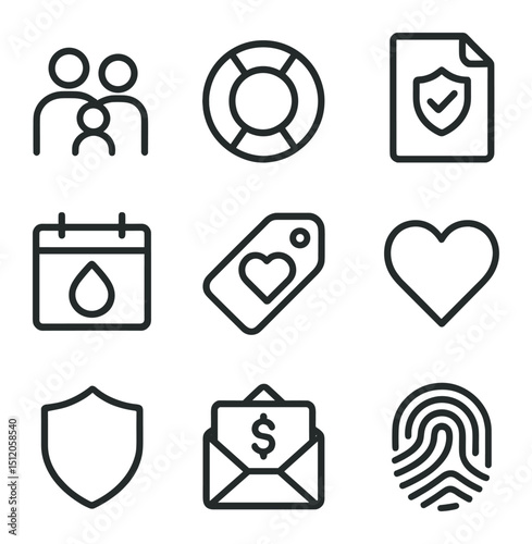 Life Insurance Icons. Outline icon set of life insurance policies: family silhouette, life ring, policy document, calendar,