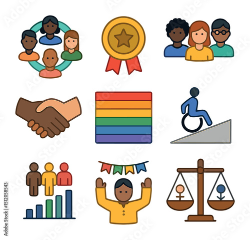 Diversity and Inclusion Icons. Flat icon set of diversity and inclusion at work: inclusive team circle,