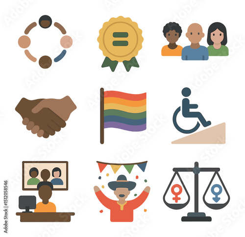 Diversity and Inclusion Icons. Flat icon set of diversity and inclusion at work: inclusive team circle,