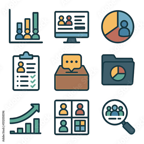 Diversity Metrics Icons. Flat icon set of tracking and reporting diversity metrics: bar chart with
