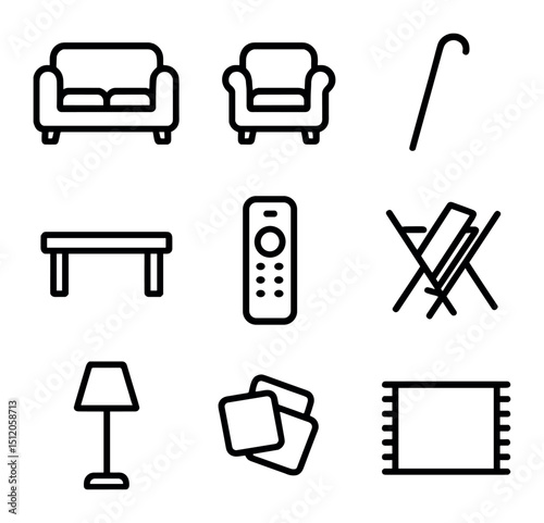 Living Room Icons. Outline icon set of living room setup: sofa, armchair, walking cane, coffee table, TV remote, magazine rack,
