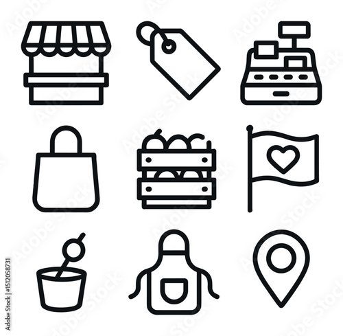 Local Market Icons Set. Outline icon set of local food market initiatives: market stall, price tag, cash register, tote bag,