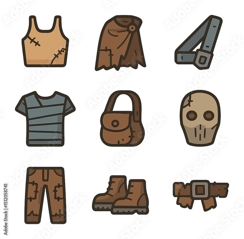 DIY Apocalypse Fashion Icons. Flat icon set of DIY apocalypse fashion: hand-sewn top, improvised cloak,