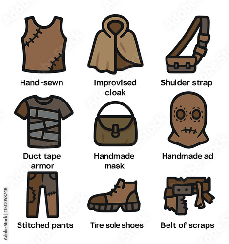 DIY Apocalypse Fashion Icons. Flat icon set of DIY apocalypse fashion: hand-sewn top, improvised cloak,