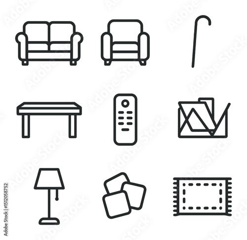 Living Room Icons. Outline icon set of living room setup: sofa, armchair, walking cane, coffee table, TV remote, magazine rack,
