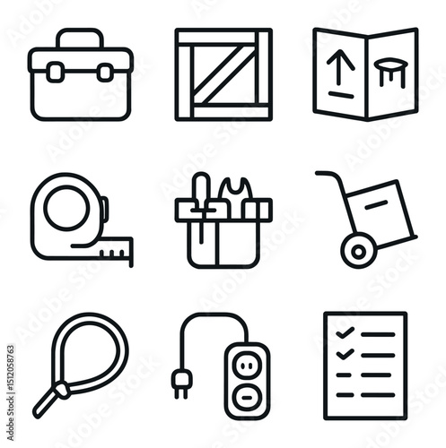 Logistics Icon Set. Outline icon set of logistics and setup: toolbox, shipping crate, assembly manual, measuring tape, tool belt,