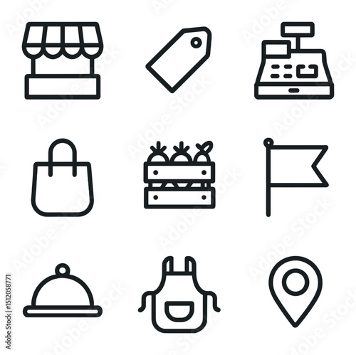 Local Market Icons Set. Outline icon set of local food market initiatives: market stall, price tag, cash register, tote bag,