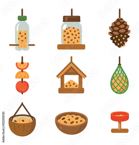 DIY Bird Feeder Icons. Flat icon set of DIY bird feeders: recycled bottle feeder, mason jar station, peanut