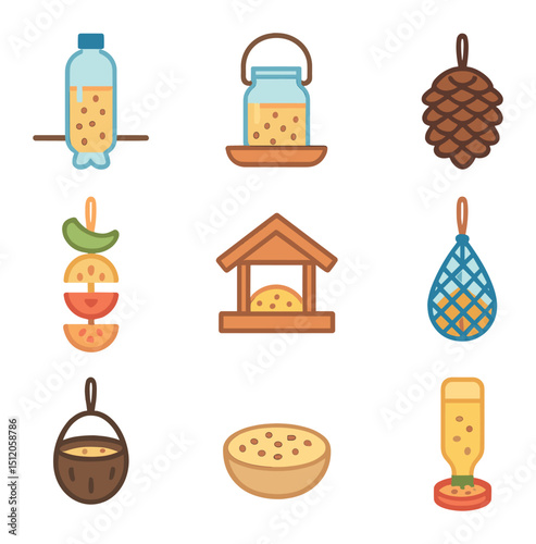 DIY Bird Feeder Icons. Flat icon set of DIY bird feeders: recycled bottle feeder, mason jar station, peanut