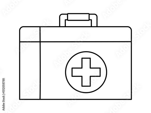 Hand drawn cute outline illustration of first aid box. Flat vector emergency kit with medicine line art doodle. Health care treatment sticker, icon. Medicine chest. Urgency help or support. Isolated.