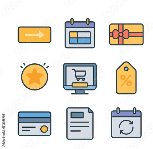 E-Commerce Icon Set. Flat icon set of e-commerce payment options: pay now button, buy now pay later, gift card