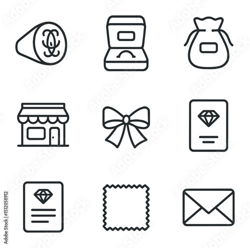 Luxury Jewelry Icons. Outline icon set of luxury jewelry brands: signature logo ring, branded presentation box, velvet pouch,