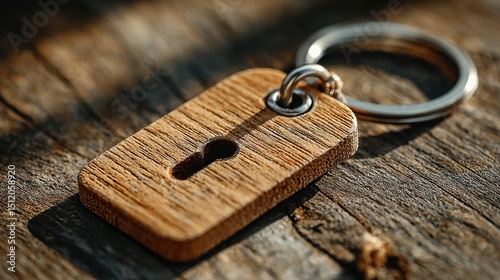 Wooden keyring with keyhole detail on rustic wood