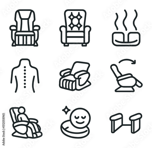 Luxury Massage Chair Icons. Outline icon set of luxury massage chair: luxury, chair, massage, backrest, footrest, recliner,