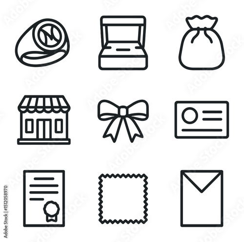 Luxury Jewelry Icons. Outline icon set of luxury jewelry brands: signature logo ring, branded presentation box, velvet pouch,