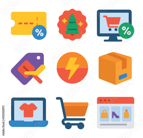 E-commerce Icon Grid. Flat icon set of online store sales events: digital coupon, holiday sale badge, checkout
