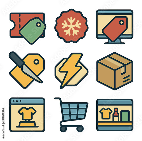 E-commerce Icon Grid. Flat icon set of online store sales events: digital coupon, holiday sale badge, checkout