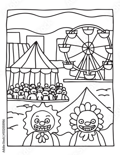 Circus Amusement: Captivating illustration of circus clowns and fairground attractions create amusement. The festive scene creates an atmosphere for joyous and memorable moments.