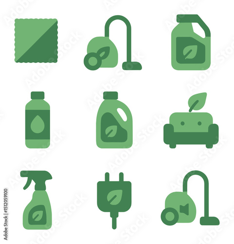 Eco Cleaning Icons. Flat icon set of eco-friendly cleaning gear: reusable cloth, eco vacuum, biodegradable