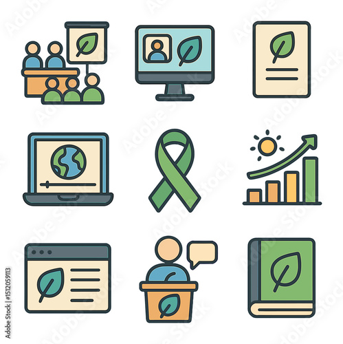 Eco Education Icons. Flat icon set of eco education and awareness: sustainability workshop, green webinar, eco