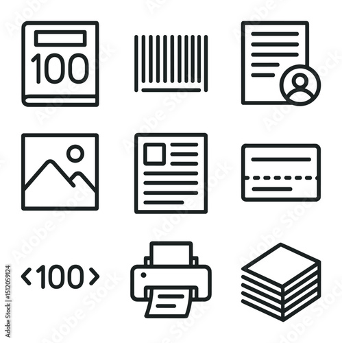 Magazine Icon Set. Outline icon set of hundredth magazine issue: magazine cover, barcode, editor’s note, photo layout, article
