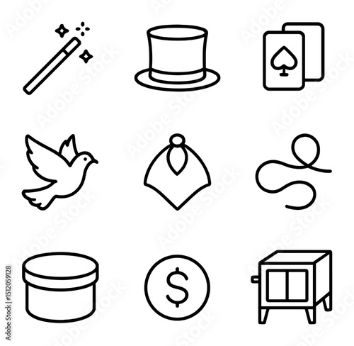 Magic Icons Set. Outline icon set of magic props: magic wand, top hat, playing cards, dove, silk scarf, rope, hat box, coin,