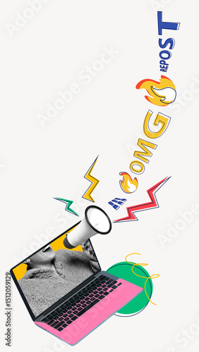 Going viral. Loud megaphone shoots out OMG and REPOST while emojis bounce around in vibrant rhythm. Playful art collage. Concept of repeating trends, social media, digital culture.