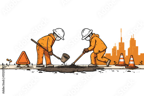 Cartoon illustration showcasing road repair workers in protective gear on city streets