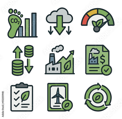 Eco Efficiency Icons. Flat icon set of environmental economic efficiency: carbon footprint chart, emissions