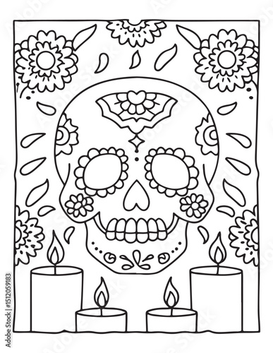 Dia de Muertos: A detailed artistic interpretation, celebrating the Day of the Dead with a beautifully decorated skull, flowers and candles. Embodying the spirit of remembrance, life's cycle.
