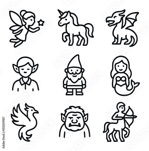 Magical Creatures Icons. Outline icon set of magical creatures: fairy, unicorn, dragon, elf, gnome, mermaid, phoenix, troll,